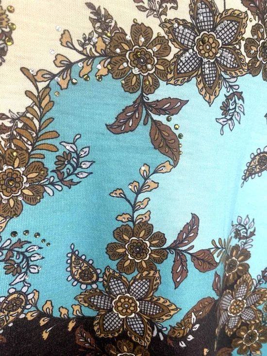 Allison Daley XL Turquoise Brown Floral Patchwork Long Sleeve Top Rhinestones - Picture 3 of 6